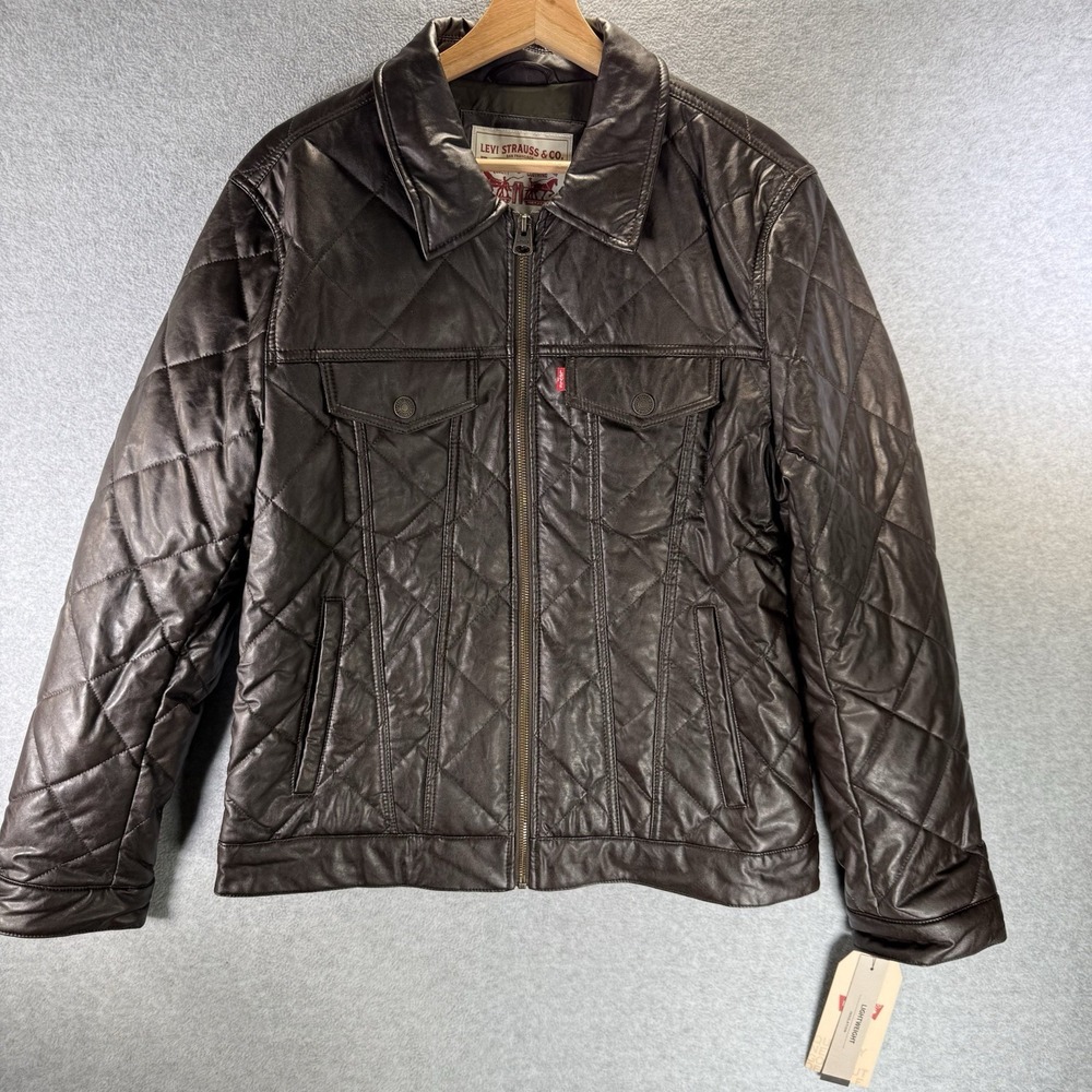 Levi's Quilted‎ Faux Leather Jacket Men's Medium Brown Lightweight Full Zip